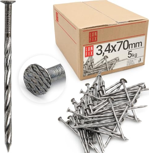 LUN FIX Holznägel 3,4x70 mm 5 kg ca. 975 Stk Flachkopf Stahl | unverzinkt, Drallschaft, Holznagel, nägel holz für Holzbau, Schalung, Dach, Terrasse, Zaunbau
