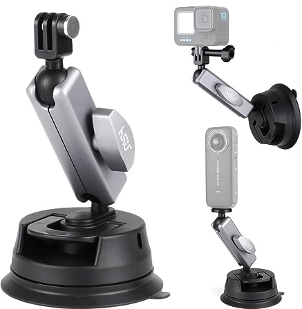 HSU Car Suction Cup Mount with Ball Head Magic Arm for Action Cameras | 360° Adjustment 3.6 Action Camera Suction Mount for GoPro/Insta 360/Osmo Action Cameras, Mount on Car Windshield or Window