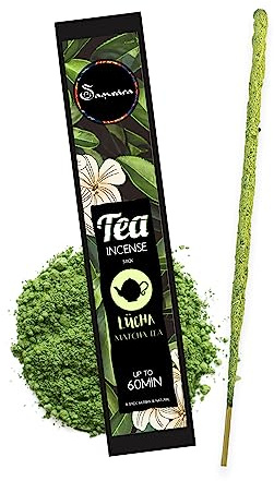 Samsara Incenso a Base di Tè Artigianale in foglie 100% Organico, rituale Cerimonia del Tè - 5 stick extra large 60 minuti ciascuno - Profumo Delicato e Persistente (MATCHA)