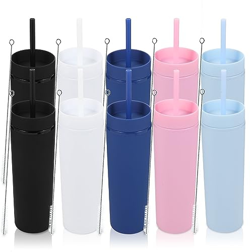 Volhoply 16oz Plastic Skinny Tumblers Bulk 10 Pack,Double Wall Tumbler with Lid and Straw,BPA Free Matte Acrylic Iced Coffee Cups with Straw,480ML Reusable Mug for Parties,DIY Gifts(Assorted,10 Set