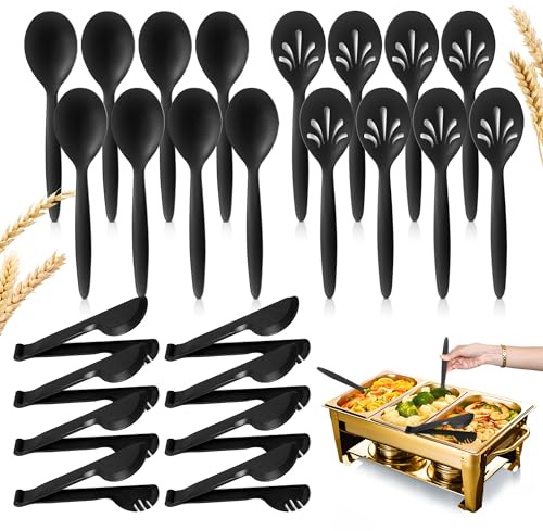 RayPard Reusable Plastic Serving Utensils Set of 24, Wheat straw Large Serving set 10 Serving Spoons/10 Slotted Spoons/9.4 Tongs, for Party Chafing Dish Buffet Catering (Black, Not for Cooking)