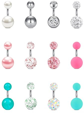 FECTAS 12pcs 14G Piercing de Ombligo de Acero quirúrgico 6 mm Set de Piercings de Ombligo con Piedra para Mujer Plata Rosa Verde