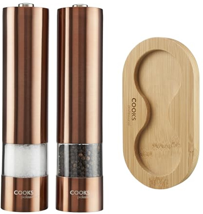 Cooks Professional Ensemble de moulin à poivre et sel électrique avec base en bambou | Moulins automatiques à piles avec mouture réglable et fonctionnement à une touche | Moulin à condiments et