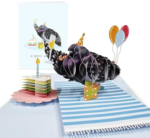 Central 23 Tauben Pop Up Karte – Party Pigeon – Kuchen, Geschenke, Luftballons – Lustige 3D Geburtstagskarte für Männer und Frauen – Kommt mit Aufklebern