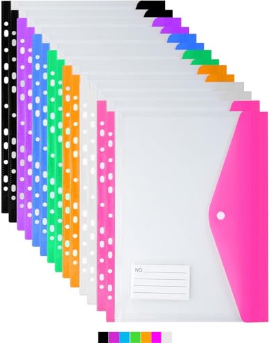 14-pack genomskinliga plastplånböcker A4-stansade fickor, 11 hål expanderbar pärmficka färgglada arkivjackor, dokumentmappar med tryckknapp och etikettficka för skola, hemmakontor