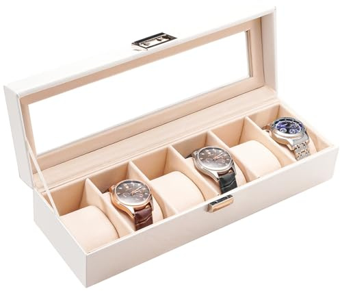 ProCase Watch Box, 6 Slot Mens Watch Case, Watch Storage Holder Organizer, Watch Display Case with Glass Lid, Anniversary Birthday Valentine Gifts for Men Women -6 Slot, White