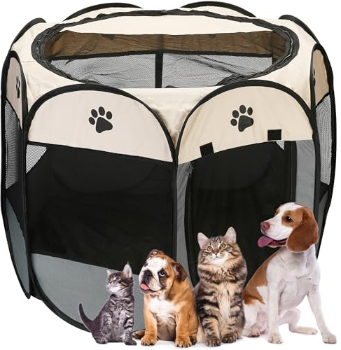 Foldable Pet Playpen, Pop-Up Mesh Cage for Dogs Cats Kittens Indoor Outdoor