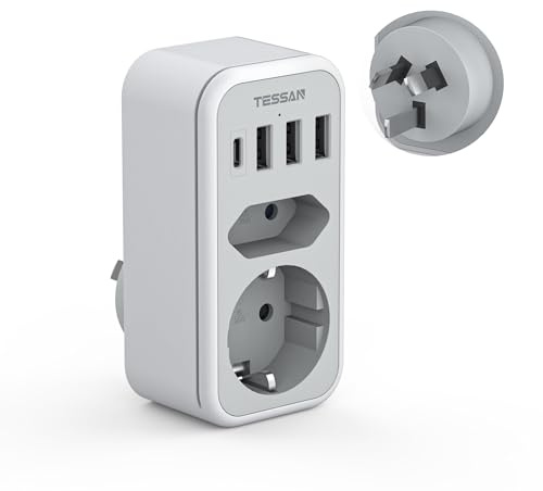 TESSAN Adapter Australien, 6 in 1 Reiseadapter | 1 USB C und 3 USB A, Adapter Neuseeland, Reiseadapter Australien für hina Argentinien, Stecker Typ I
