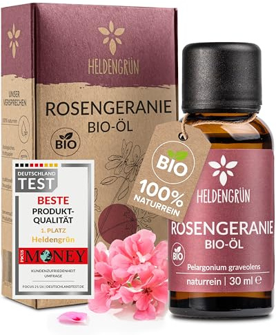 Heldengrün® BIO Rosengeranienöl [100% NATURREIN] für Diffuser & Aroma 30 ml | Wildwuchs aus Griechenland · Echte Rosengeranie · rosig, blumig & frisch · Dermatologisch getestet · Deutsches Startup