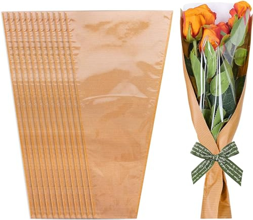 50 bolsas de papel kraft para envolver flores con cinta, fundas de embalaje florales transparentes, 25 x 10 x 45,5 cm, para bodas, cumpleaños, graduación, aniversario, regalo del día de la madre