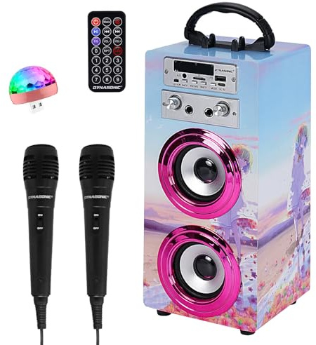 DYNASONIC - Karaoke med 2 mikrofoner, bärbar karaokemaskin. Bluetooth-högtalare och lampor USB- och SD-läsare - present till pojkar och flickor i åldrarna 5 till 13 år (modell 17)