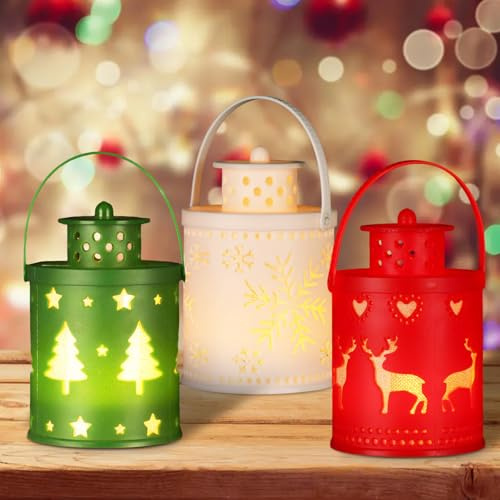3 Stück Weihnachtsdeko Laterne, Flammenlose Windlicht Weihnachten Deko Lampe, Hängende LED-Weihnachtslaterne, 14 Cm Atmosphärenlicht, Warmweißes Licht, für Karneval, Garten, jedem Zuhause (A)
