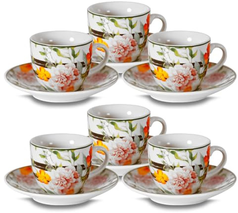 ARCA, Set 6 Tazzine da Caffè Flora con Piattino, in Porcellana Bianca Decorata, Adatto a Lavastoviglie e Microonde, Capacità 90 ml, 11x6 cm