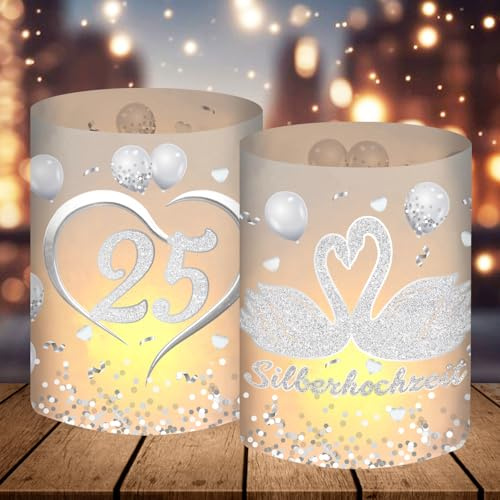 12 Windlicht Tischdeko Silberhochzeit, Silberhochzeit Deko Tisch, 25. Hochzeitstag Geschenk, 25 Jahre Silberhochzeit Geschenkideen, Deko zur Silberhochzeit, Geeignet für Teelichter oder Kerzen
