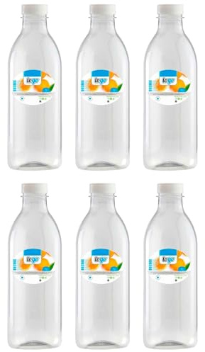 Tradineur - Lot de 6 bouteilles en plastique avec bouchon à visser, réutilisables et recyclables, pour eau, lait, smoothies, jus, boissons, réfrigérateur, fabriquées en Espagne (1 litre - 26 x 8 cm)