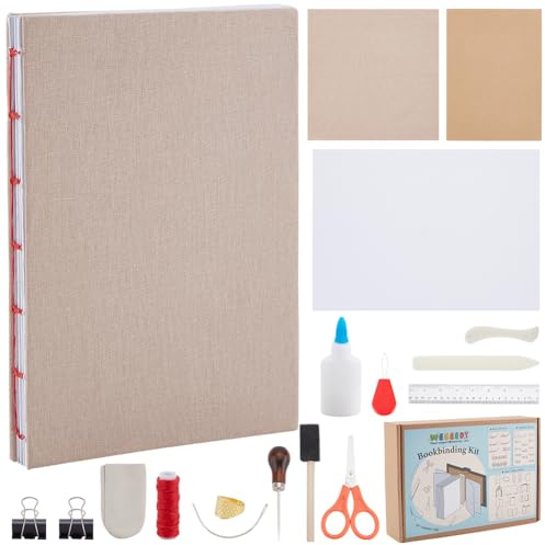 WEBEEDY DIY Complete Bookbinding Kit Bookbinding Supplies with Paper,Bone Folders,Awl,Large-Eye Needles,Waxed Thread and Instruction for Adults Beginners Book Lovers Birthday Gifts, 15X21cm(A5)