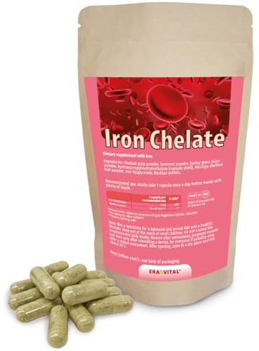 Eisen-Bisglycinat (Eisen-Chelat) 270 Kapseln Vegan hohe Bioverfügbarkeit mit weiteren natürlichen Helfern, wie Baobab, Gerstengrassaft, Moringa und Rote Beete. (270 stück (1er Pack))