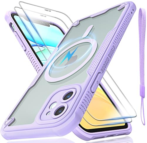 for iPhone 11 Case, Translucent Matte Back Compatible with Magsafe Magnetic Slim Shockproof Protective Case with Lanyard Strap and 2*9H Tempered Glass Screen Protector Phone Cover 6.1-inch-Purple