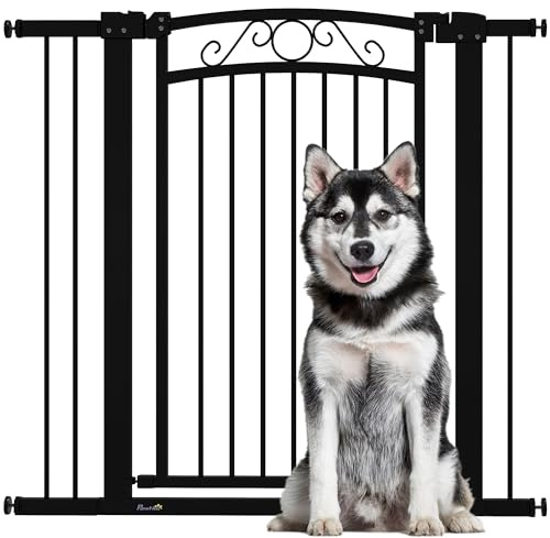 PawHut Barrera para Perros con Cierre Automático, Puerta para Perros 76-104 cm, Barrera de Seguridad con 2 Extensiones 7/14 cm, Fácil Montaje, Doble Bloqueo, para Escaleras y Puertas, Negro