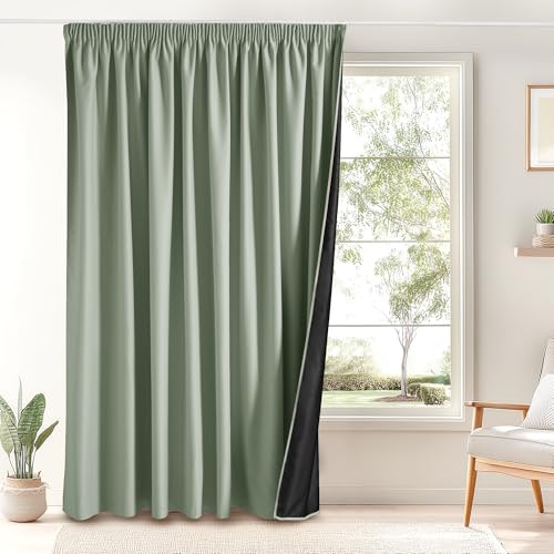PONY DANCE 100% Blickdichte Vorhänge für Große Fenster Thermovorhang | Hitzeschutz, 1er Set H 245 x B 300 cm, Salbeigrün, Verdunkelungsvorhang, für Schienensystem, Raumteiler, mit Kräuselband