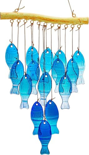 Scacciapensieri in vetro per giardino e terrazza, decorazione da appendere per esterni, oceano, veranda, balcone, decorazione creativa (58 x 19,5 x 6 cm) (pesce blu)