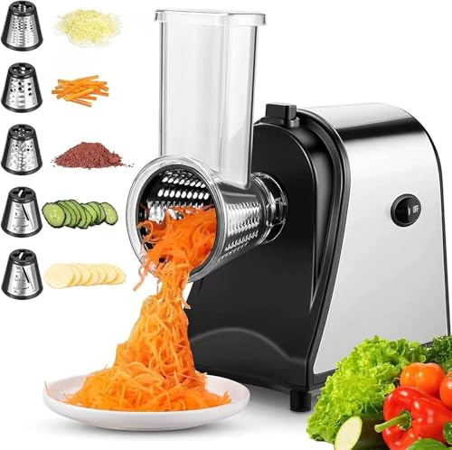 Electric Cheese Grater, Vegetable Cutter For Home, Potato Cutter With 5 Replacement Head Knives (Minced Knife,Fine Chipper,Coarse Chipper,Thick Slicer,Thin Slicer)