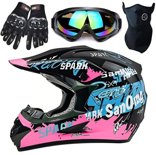 Motocross Helmet,Youth & Kids ATV Dirt Bike Motorcycle, BMX 4-Wheeler Off-Road Mountain Bike Helmet,DOT Certified,W/Gloves Goggles Mask 4-Piece Set (Pink, Small)