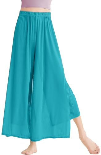 SEAUR Flowy Chiffon Palazzo Pants for Women Elastic Waist Dance Trousers Thin Mesh Contemporary Ballet Jazz Belly Dance Performance Wide Leg Slit Blue S