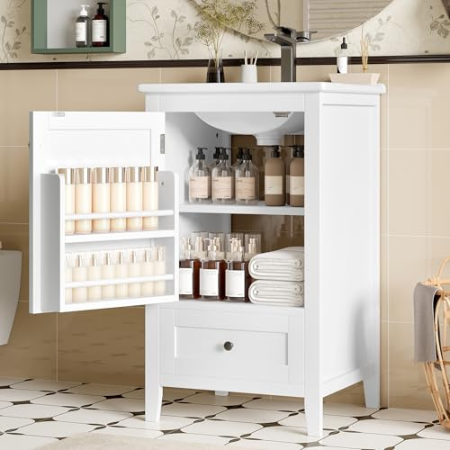 51 x 46 x 85 cm Mobile da bagno a pavimento con lavabo, mobile lavabo, completamente laccato, ripiano porta, ripiano regolabile, lavabo in ceramica (bianco, 51 x 46 x 85 cm)