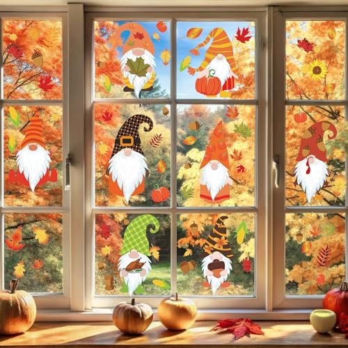 95 Stück Fensterbilder Herbst, 8 Blatt Thanksgiving Fenster Aufkleber, Thanksgiving Herbstdeko Fenster, Ahornblatt Zwerg Herbst Fensterbilder, für Zuhause, Klassenzimmer, Buchhandlung