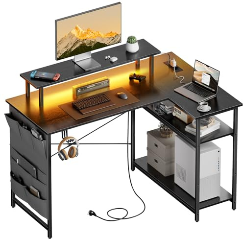 HLONONE L-formad skrivbord, LED hörnskrivbord med 2 uttag och 2 USB-portar, datorbord med bildskärmsstativ och förvaringsutrymme, kontorsbord för Hemmakontor, 110 x 80 x 74 cm, Svart