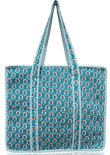 Third Eye Export 100% Cotton Quilted Tote Bag 18x16– Large Zipper Beach Bag & Travel Bag Teal Purse Reusable Grocery Bags (Ball Blue Purple Thorn Floral Print)