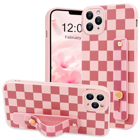 NITITOP Compatible with iPhone 11 Pro Max Case Cute with Wrist Hand Strap Checkboard Checkered Pattern Aesthetic for Women Girls Plaid Adjustable Kickstand Protective Cover - Pink