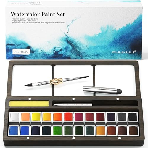 Fuumuui Watercolor Paint Set, 24 Watercolor Paints with Dual Tip Travel Watercolor Brushes Wooden Palette, Art Supplies for Painting, Travel Watercolor Set, Amateur Hobbyists