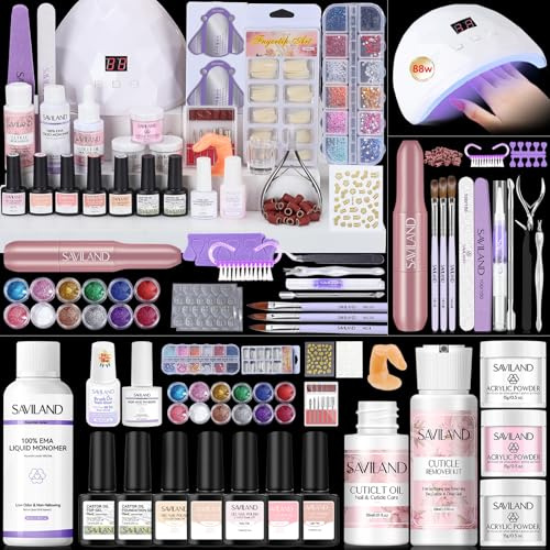 SAVILAND Acrylic Nail Kit full Set For Beginners: Ultimate All-In-1 Acrylic Nail Set with Keratin Acrylic Powder EMA Monomer Nail Drill U V Light Full Tools For Acrylic Nails Starter Gift