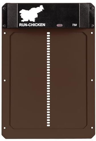 Run‑Chicken Door T50 Brown - Cancello automatico marrone per pollaio, funziona con batterie AA, controllo tramite app, sensore di luce, timer con ritardo e alluminio resistente, per esterni