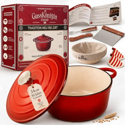 GUSSKÖNIGIN Brottopf 24 cm – Gusseisen Topf Brot Backen als Dutch Oven – Emaille Brotbacktopf & Brotbackform – Bratentopf/Schmortopf mit Deckel für Induktion – Gadgets für Bäcker - 30 Jahre Garantie