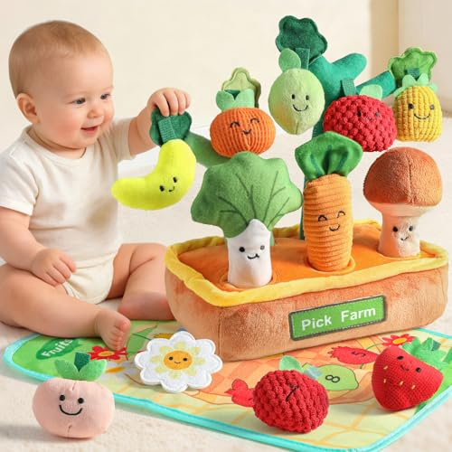 Mini Tudou Baby Spielzeug ab 6 Monate,15 Stück Sensorische Knister Früchte Gemüse Bauernhof Plüschtiere, Motorikspielzeug Geschenk für Jungen Mädchen ab 1 Jahre, Zuordnen von Farben und Formen Set