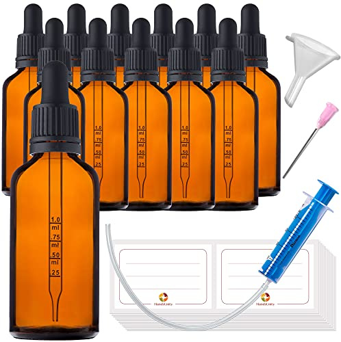 HandsUnity 50ml-12 pièces de Flacon de Pipette Petit Flacon en Verre - Verre d'apothicaire en Verre Ambré avec Capuchon de Pipette Noir Comprenant 29 Pièces d'accessoires Bouteilles en Verre Brun
