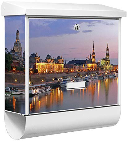 banjado® Burgwächter Briefkasten Weiß 38x39x12cm mit Motiv Dresden/Briefkasten mit Zeitungsfach/Briefkasten mit Zeitungsrolle/Postkasten inkl. Montagematerial & 2 Schlüsseln