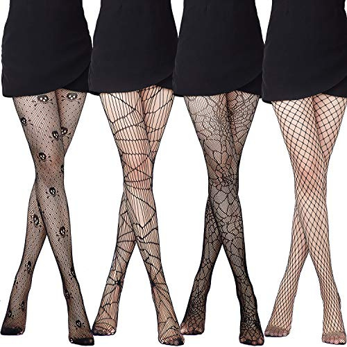SATINIOR 4 Pcs Halloween Fishnet Tights Fishnet Thigh High Stockings Goth Skull Stocking for Women(Spider, Skeleton)