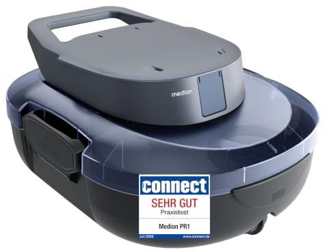 MEDION PR1 Poolroboter Akku, für Aufstellpool mit 120 Min Akkulaufzeit | Bodenreinigung für 80-100m² Pools mit flachen & faltenfreien Boden, Selbstparkfunktion, 2,2 L Filter, Ladegerät & Haken