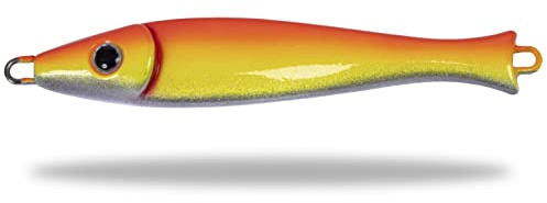 Rhino Premium Big Head Pilker Angelköder für das Meeres-Angeln Kunstköder für große Tiefen in Norwegen in klassicher Form, scharfe und stabile Drillings-Angelhaken, rot/orange/Silber, 200 g
