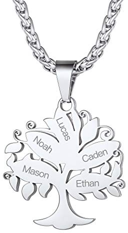 Suplight Collier Arbre de Vie 2/3/4/5/6/7 Prénoms Personnalisable, Pendentif Prénom Enfant Famille Arbre de Vie Acier Inoxydable avec Chaîne 55cm+5cm