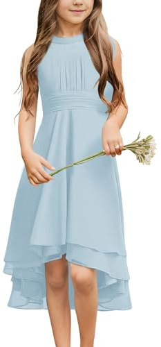 Galawaqe Girls Chiffon Flowy Dresses Kids Sleeveless Asymmetrical with Ruffles Swing Party Gowns A-Line Flower Dress