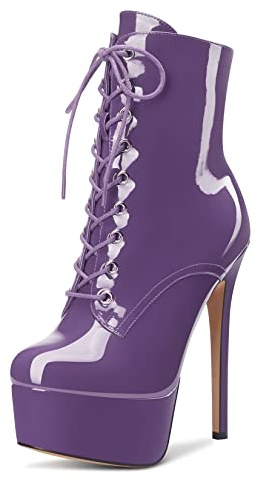 Aachcol Femmes Bottines Plate-forme Aiguille Haut High Talon Heel Rond Bout Dress Chaussures Lacets Vernis 16 CM