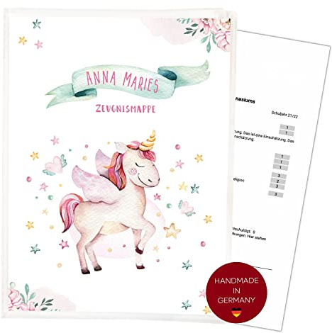 Zeugnismappe für DIN A4 Einhorn | 𝗣𝗘𝗥𝗦𝗢𝗡𝗔𝗟𝗜𝗦𝗜𝗘𝗥𝗧 | 20 Klarsichthüllen für 𝗔𝗨𝗙𝗕𝗘𝗪𝗔𝗛𝗥𝗨𝗡𝗚 und 𝗦𝗖𝗛𝗨𝗧𝗭 von 𝗭𝗘𝗨𝗚𝗡𝗜𝗦𝗦𝗘𝗡 | Dokumentenmappe Schule Mädchen