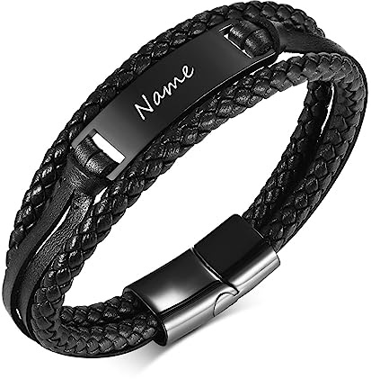 XUANPAI Personalisierte Herren Leder Armband für Männer, Hochwertiges Geflochtenes Lederarmband Edelstahl Armband mit Gravur, Persönliche Namensgravur, Geschenk Fuer Herren