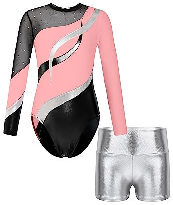 YOOJIA Mädchen Turnanzug Turnshorts Haarband Set Kinder Gymnastik Langarm Gymnastikanzug Tanzen Kleidung 5-14 Jahre Rosa und Silber 146-152