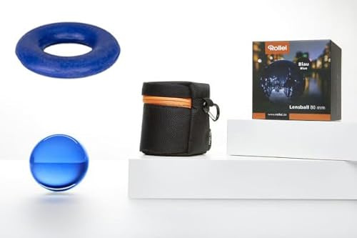 Lensball von Rollei - 80mm Vollglaskugel, Foto-Kugel mit Aufbewahrungstasche, Mikrofaser Reinigungstuch und gratis Silikonring zum Fixieren der Glaskugel (Blau)